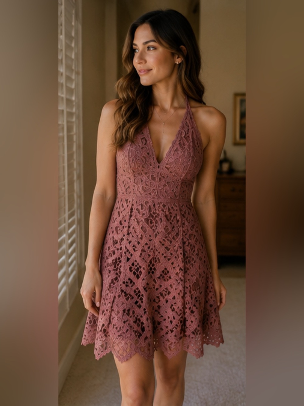 Lace Halter Fit & Flare Dress - Rose Mauve